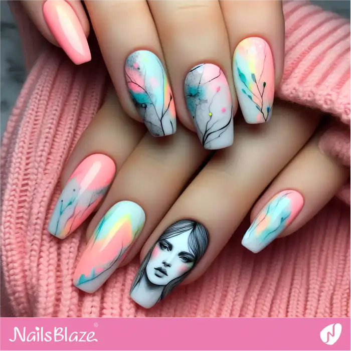 Pastel Watercolor Nails with Girl Drawing | Paint Nail Art - NB2269